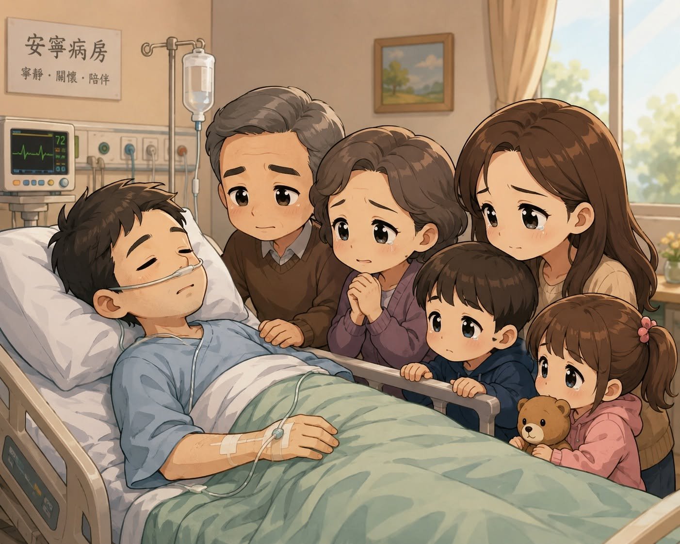 安寧病房中家屬圍在病床旁，象徵生命末期的財產與繼承安排