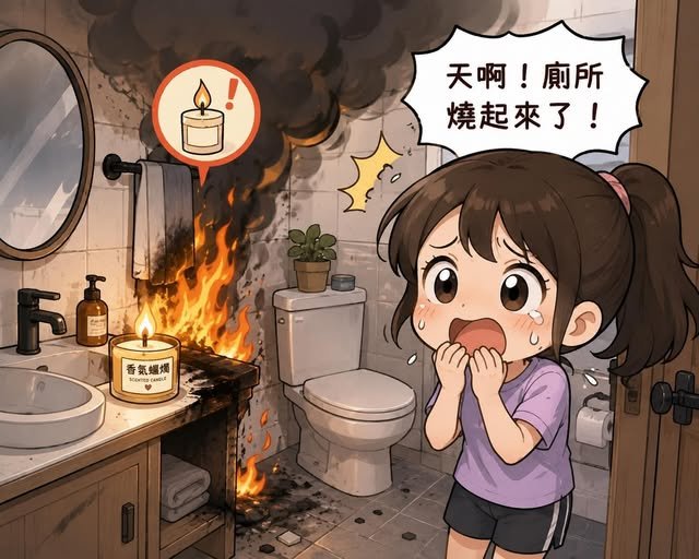 香氛蠟燭在浴室引發火災，女孩驚慌地大喊廁所燒起來了