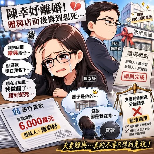 示意圖：夫妻贈與店面後，產權已移轉但銀行貸款仍留在原所有權人名下