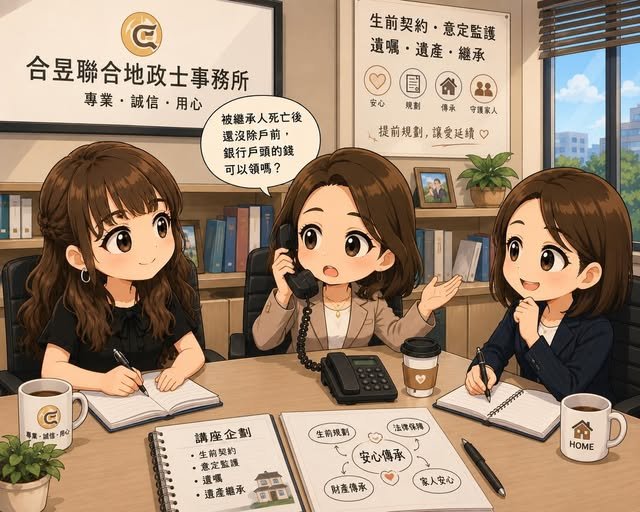 三位專業人士在地政士事務所討論生前契約與遺產傳承講座，其中一人正在接聽客戶來電