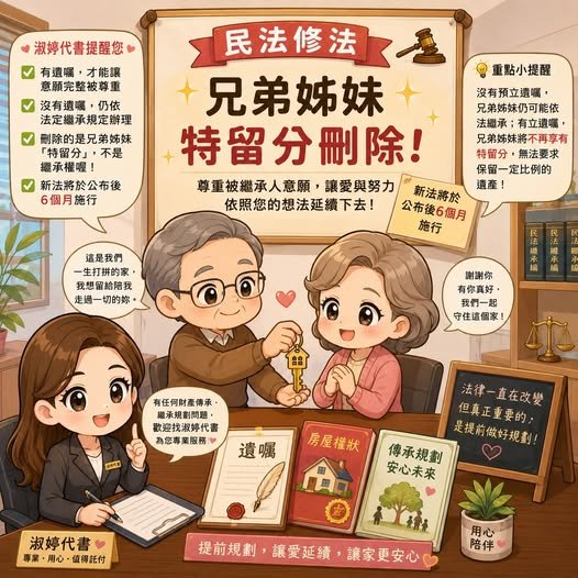 民法修法資訊圖：兄弟姊妹特留分刪除，新法公布後六個月施行，並說明遺囑與傳承規劃重點