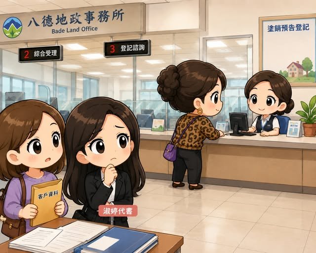 地政事務所櫃檯前，代書陪同客戶等待辦理，旁邊民眾正在詢問塗銷預告登記
